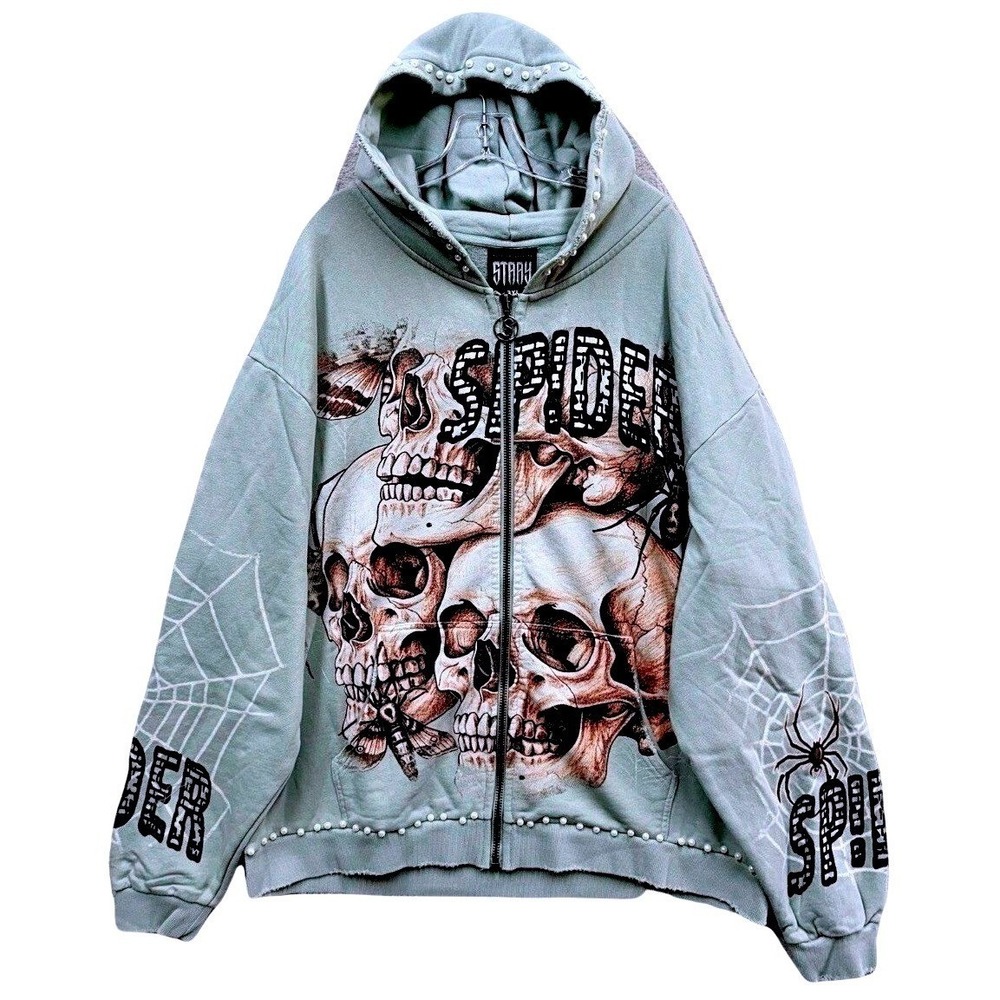 Stray (Spider) Web Crawler Pearls & Skulls Zip Hoodie Size 2XL Sage Green NWT